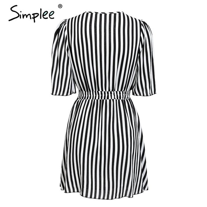 VenusFox Vintage striped  V neck ruffle cotton short summer dress