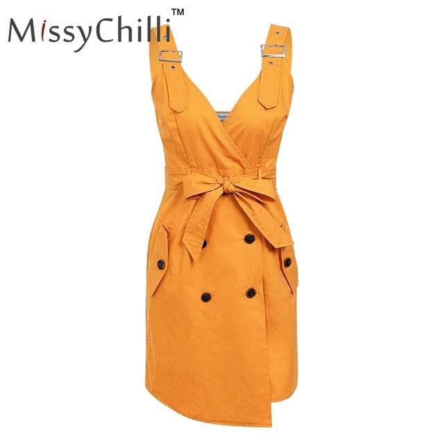 VenusFox Elegant casual backless Sexy button belt summer dress