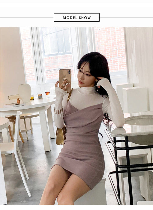 VenusFox Patchwork Bodycon Full Sleeve Turtleneck Casual Club Dress