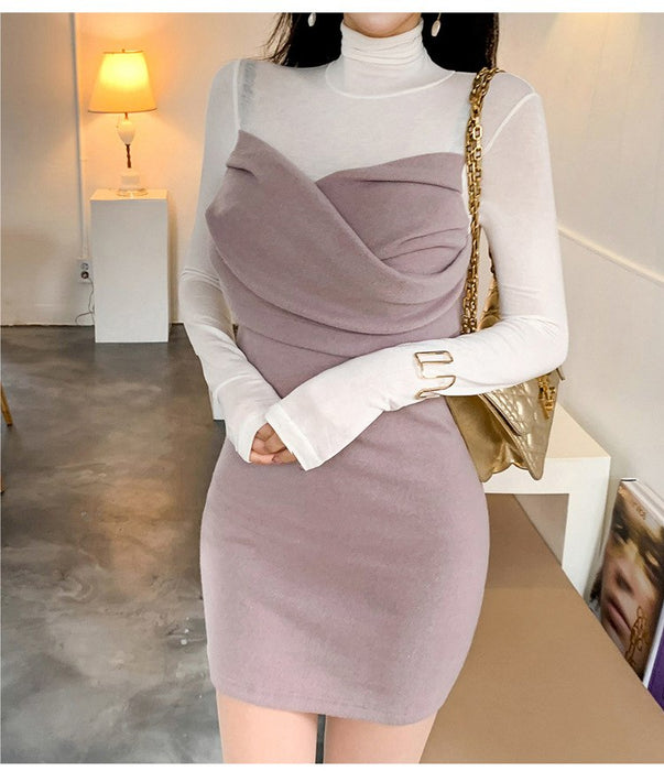 VenusFox Patchwork Bodycon Full Sleeve Turtleneck Casual Club Dress