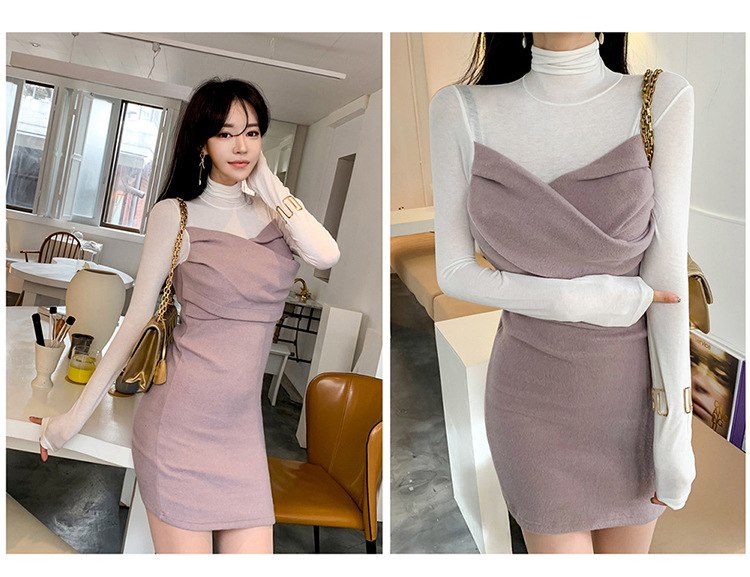 VenusFox Patchwork Bodycon Full Sleeve Turtleneck Casual Club Dress