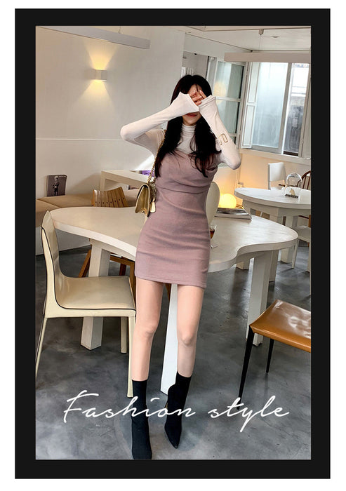 VenusFox Patchwork Bodycon Full Sleeve Turtleneck Casual Club Dress