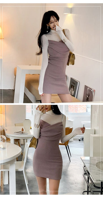 VenusFox Patchwork Bodycon Full Sleeve Turtleneck Casual Club Dress