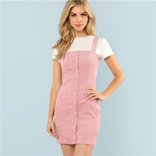 VenusFox Pink Slim Button Up Strap Short Preppy Dress