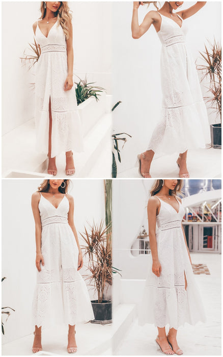 VenusFox White pearls sexy Hollow out embroidery cotton dress