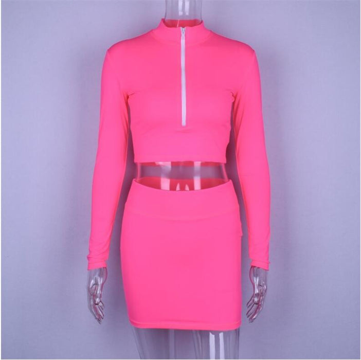 VenusFox high neck zipper bodycon crop tops mini skirt 2 pieces sets