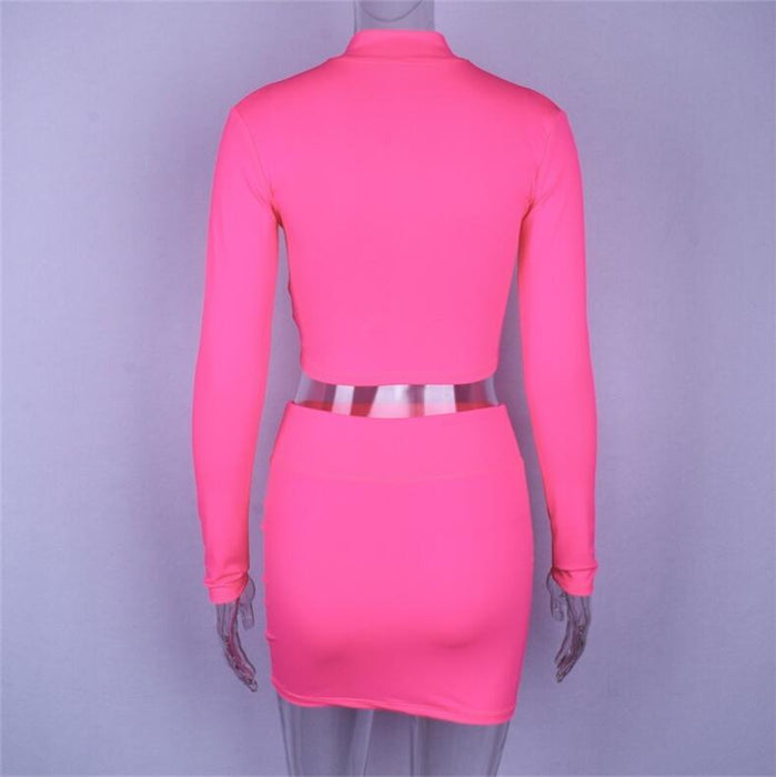 VenusFox high neck zipper bodycon crop tops mini skirt 2 pieces sets