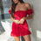 VenusFox Red ruffle off shoulder lace up sexy summer dress