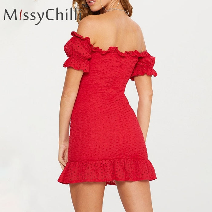 VenusFox Red ruffle off shoulder lace up sexy summer dress