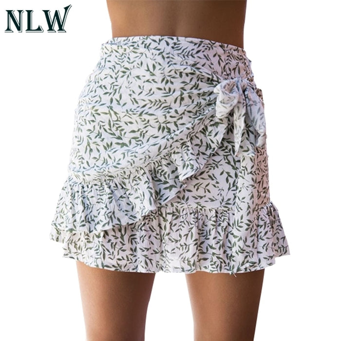 VenusFox Ruffle Vintage White Print Short Summer Skirt