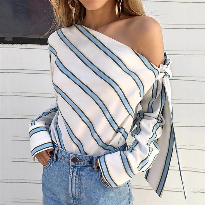 VenusFox Striped Loose Off Shoulder Lace Blouse