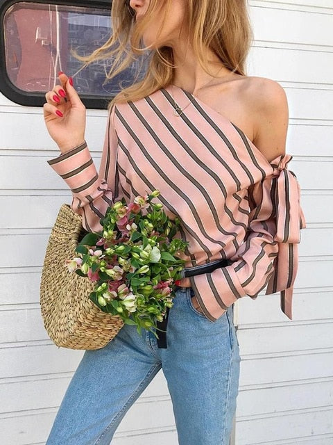 VenusFox Striped One Shoulder Casual Blouse