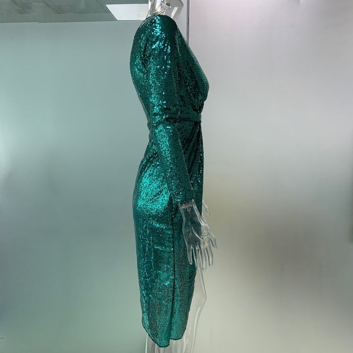 VenusFox Sexy V-neck High Slit Glitter Dress