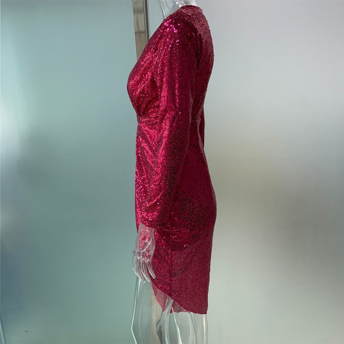 VenusFox Sexy V-neck High Slit Glitter Dress