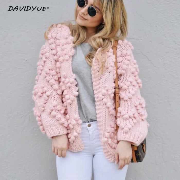 VenusFox Hairball o neck long sleeve pink knitted cardigan