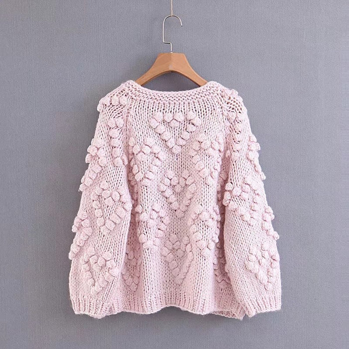 VenusFox Hairball o neck long sleeve pink knitted cardigan