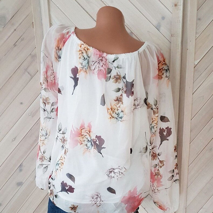 VenusFox Chiffon Full Sleeve O-Neck Print Retro Loose Casual Tops Shirt