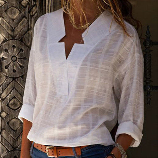 VenusFox V-neck Women's Linen Long Sleeve Shirt