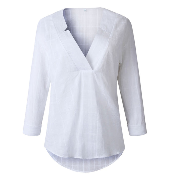 VenusFox V-neck Women's Linen Long Sleeve Shirt