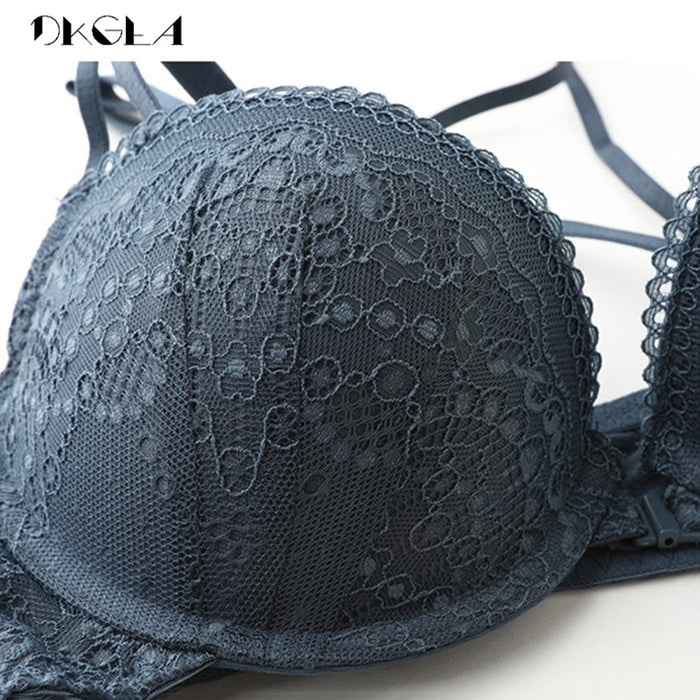 VenusFox Front Closure Bra Panties Sets Lace Embroidery Women Lingerie Set Gather Brassiere Black Thick Push Up Bras Sexy Underwear Set