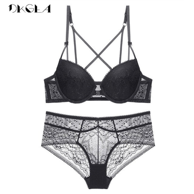 VenusFox Front Closure Bra Panties Sets Lace Embroidery Women Lingerie Set Gather Brassiere Black Thick Push Up Bras Sexy Underwear Set