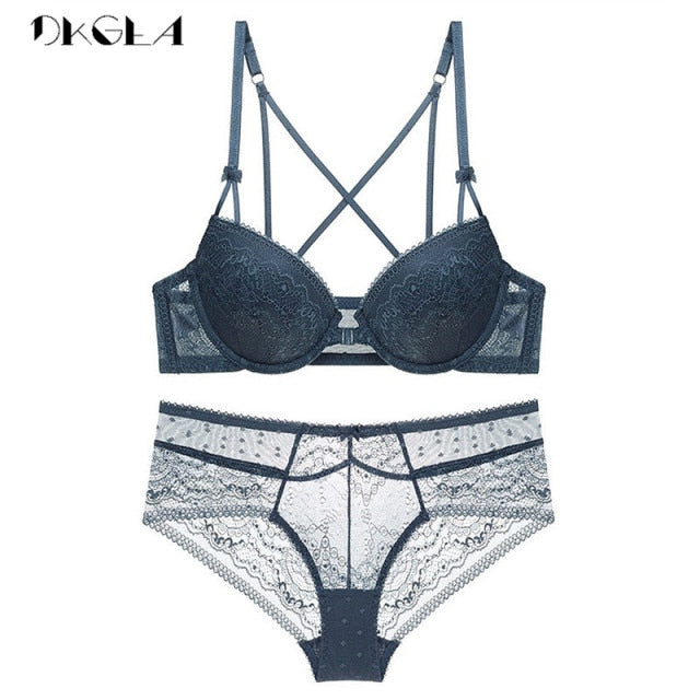 VenusFox Front Closure Bra Panties Sets Lace Embroidery Women Lingerie Set Gather Brassiere Black Thick Push Up Bras Sexy Underwear Set